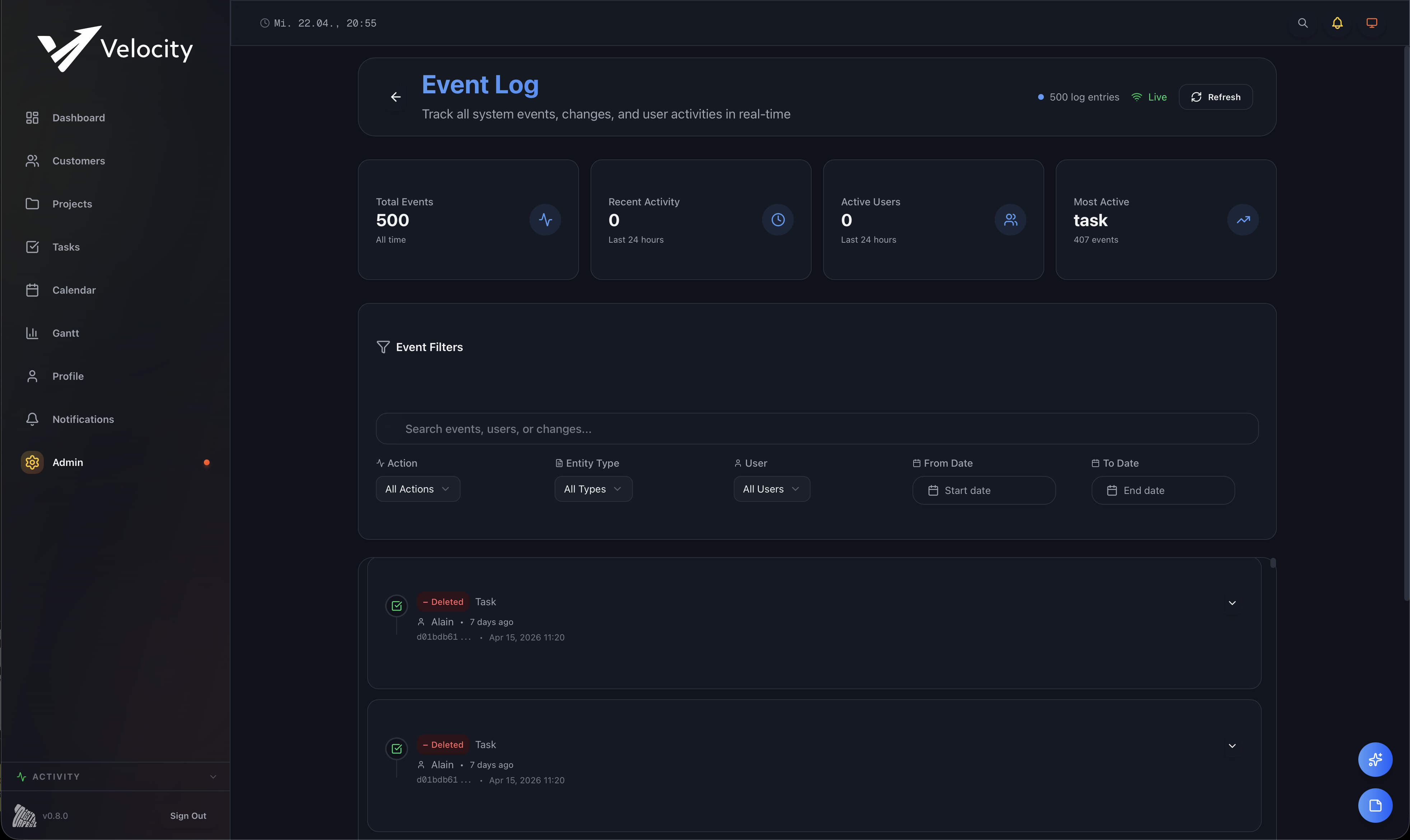 Velocity Event Log